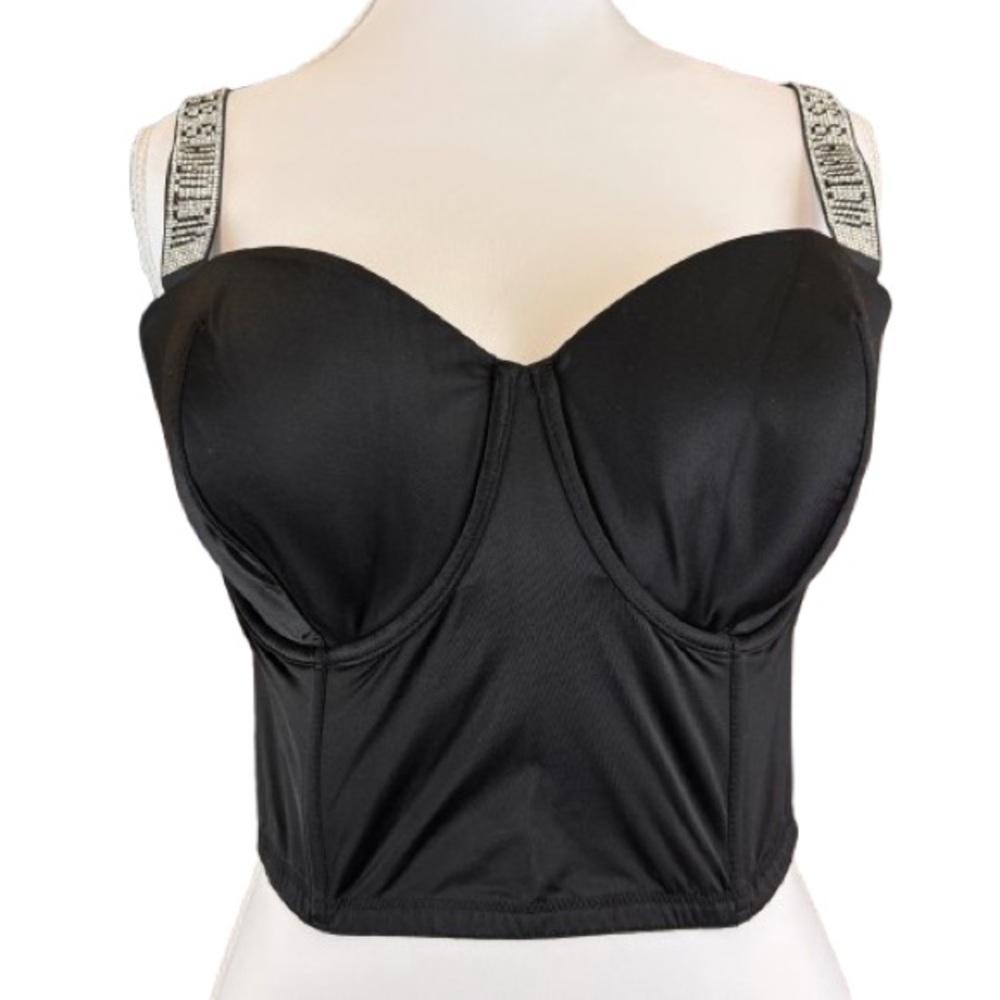 Victoria’s Secret Very Sexy Bustier Corset Top 36DD Black Rhinestone Logo Straps